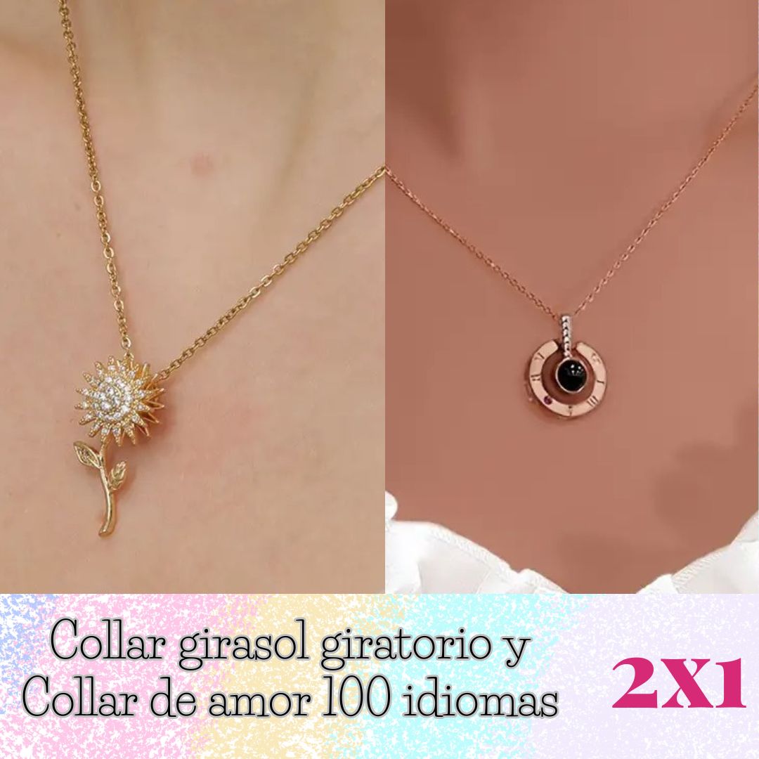 2X1. Lleva Collar 🌻Girasol giratorio y te obsequiamos un collar de 💖amor en 100 idiomas. 👉Todo por $87500🤩