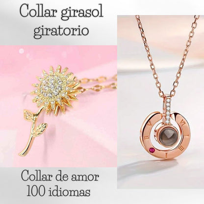 2X1. Lleva Collar 🌻Girasol giratorio y te obsequiamos un collar de 💖amor en 100 idiomas. 👉Todo por $87500🤩