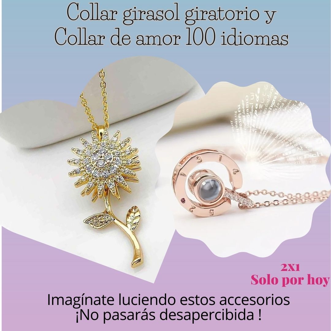 2X1. Lleva Collar 🌻Girasol giratorio y te obsequiamos un collar de 💖amor en 100 idiomas. 👉Todo por $87500🤩