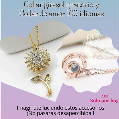 2X1. Lleva Collar 🌻Girasol giratorio y te obsequiamos un collar de 💖amor en 100 idiomas. 👉Todo por $87500🤩