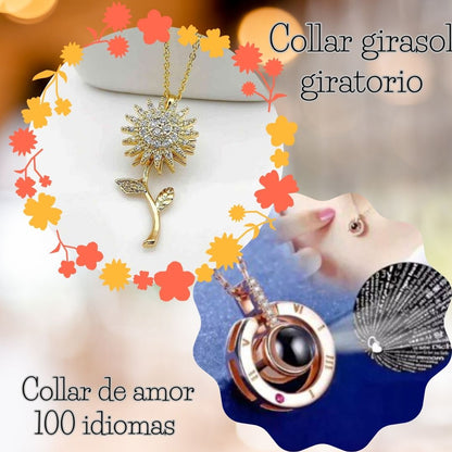 2X1. Lleva Collar 🌻Girasol giratorio y te obsequiamos un collar de 💖amor en 100 idiomas. 👉Todo por $87500🤩